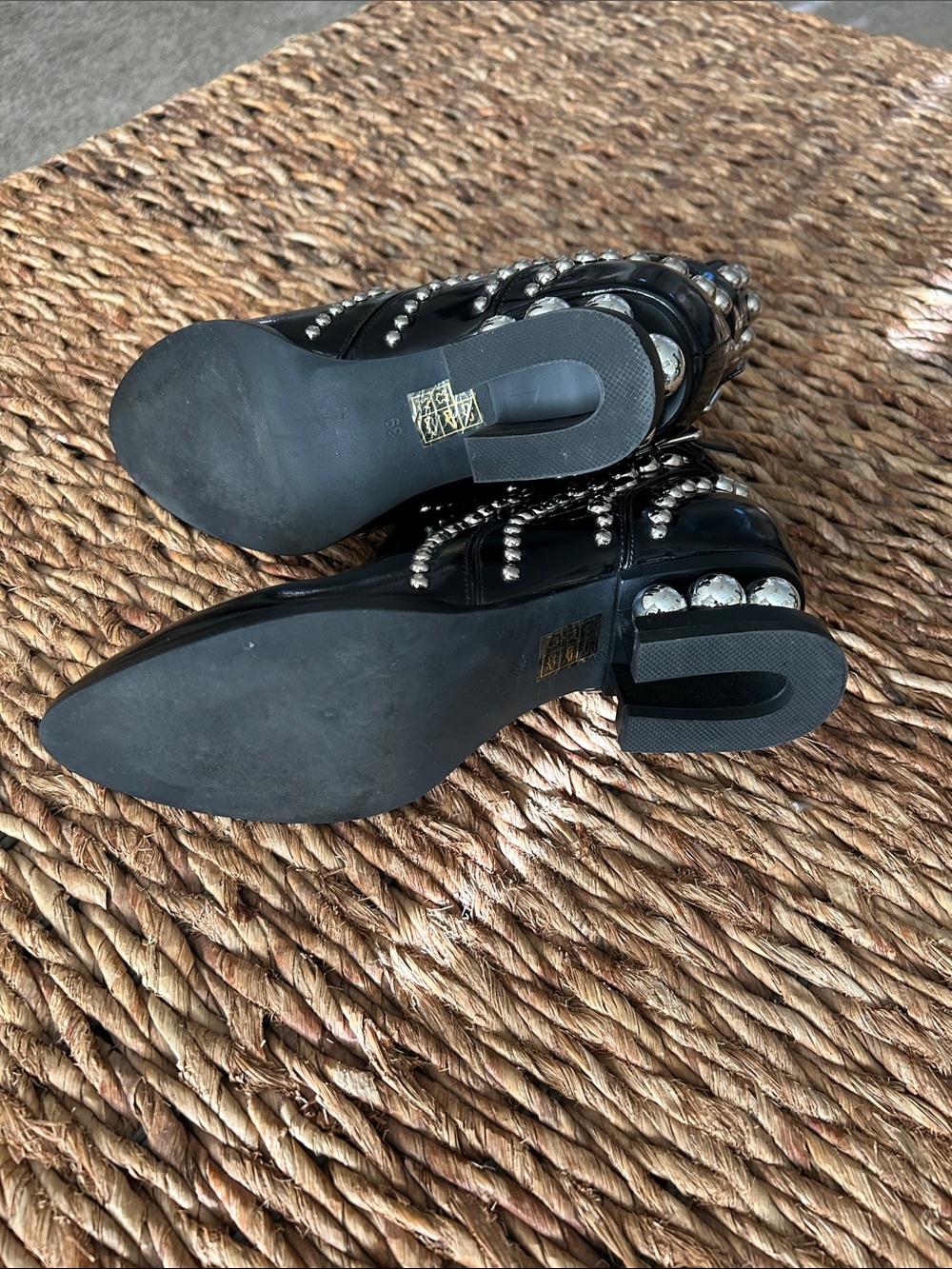 Jeffrey Campbell Rylance Black Patent Silver Studded Ankle Boots Wrap Buckle. - Picture 5 of 6